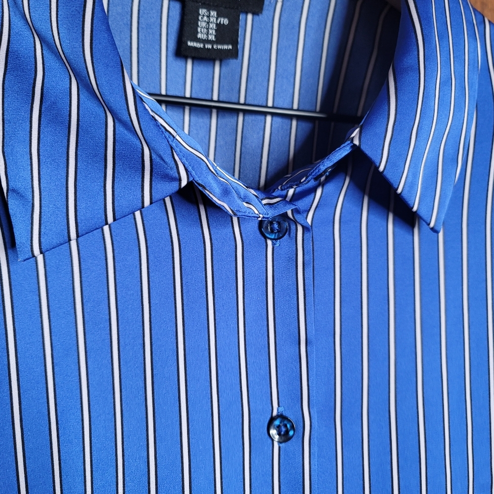 Jones and Co suiting stripe silky button up collared shirt blue black white XL - Picture 5 of 8